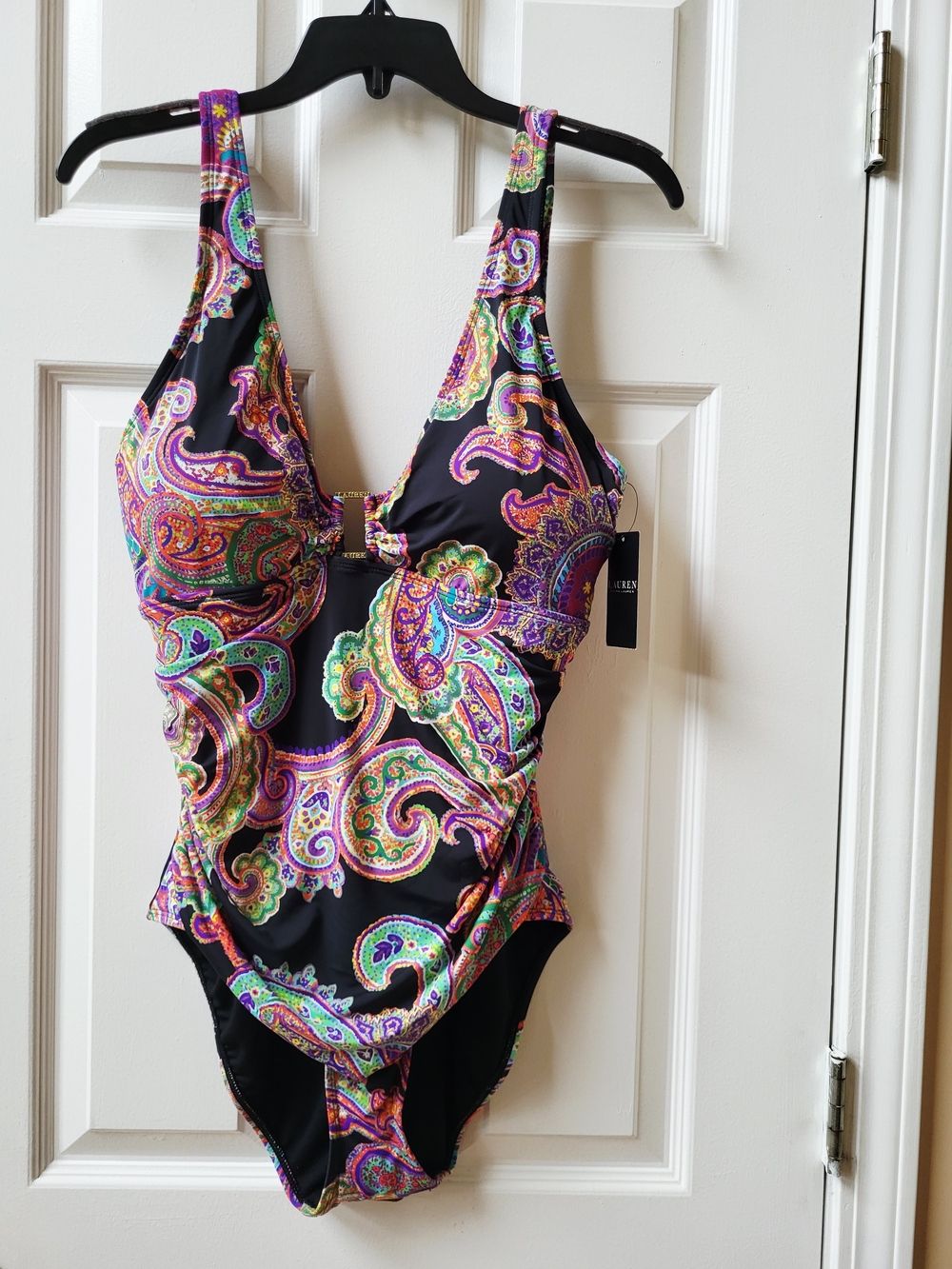 Ralph Lauren Ring Paisley Print Ruched One Piece Swimsuit size 16 NWT